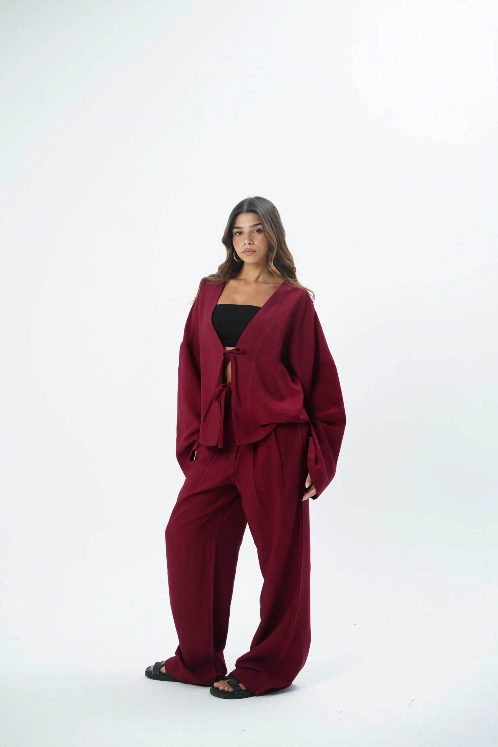 Burgundy waisted tailored pants — view 5