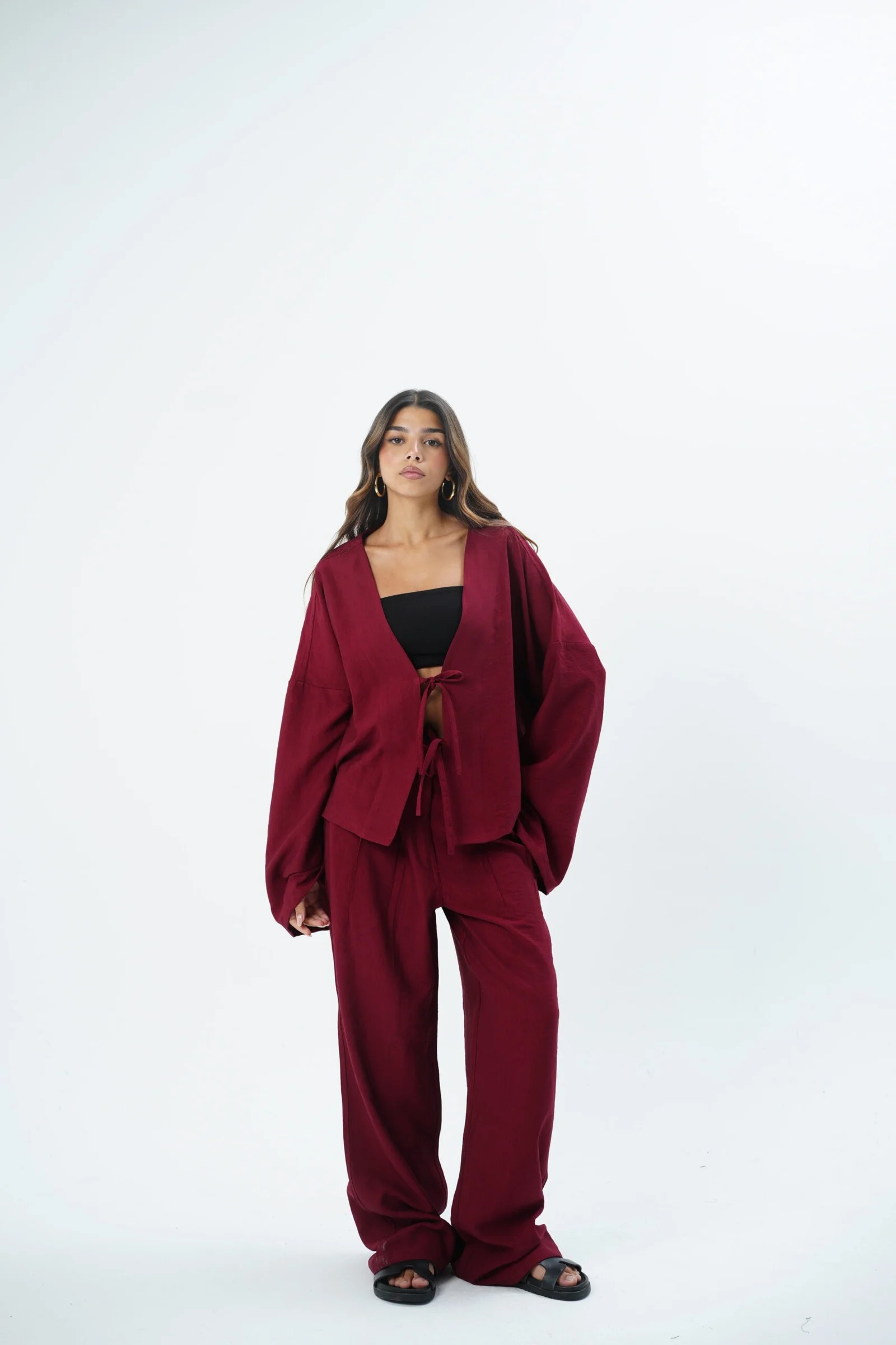 Burgundy waisted tailored pants — view 4