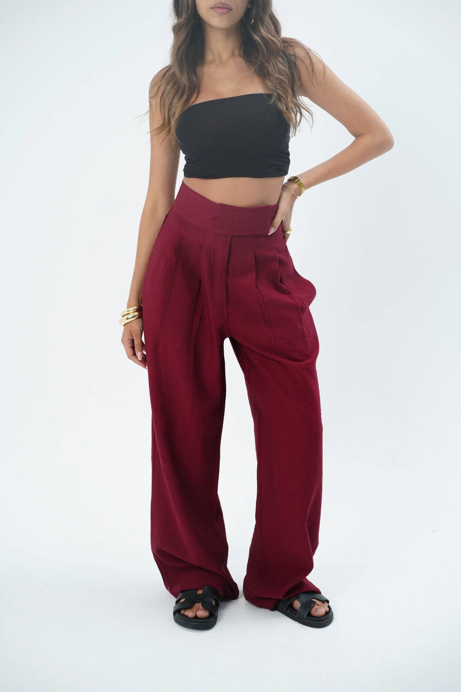 Burgundy waisted tailored pants — view 3