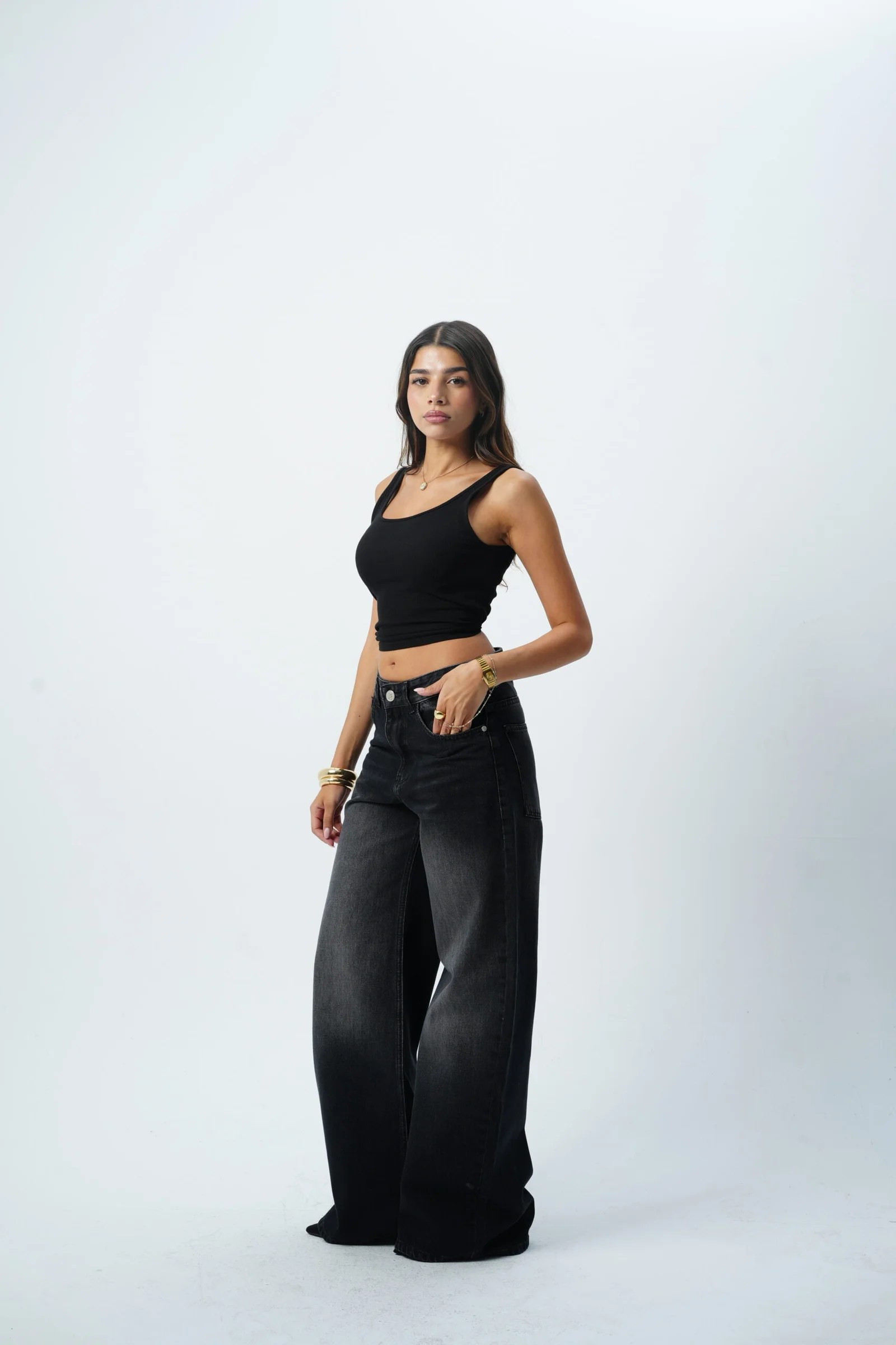 Black MID-RISE wide leg