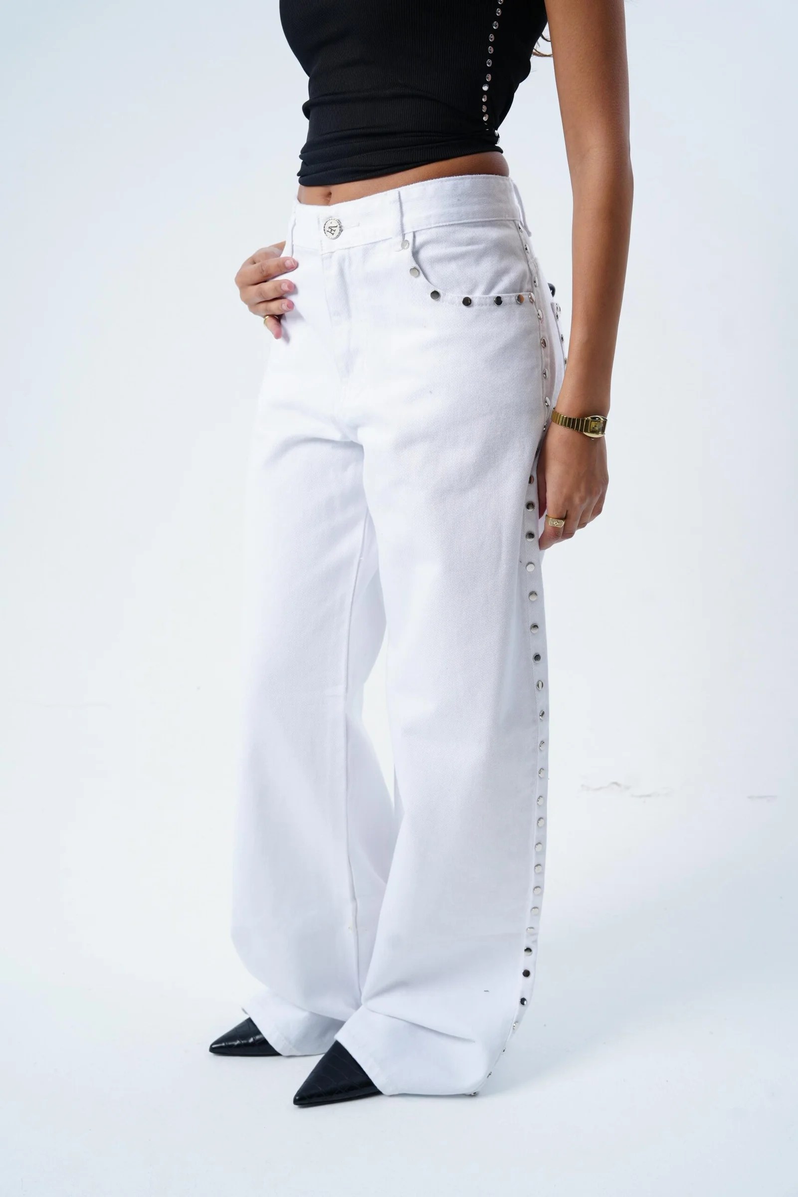 WHITE STUDDED DENIM — view 3