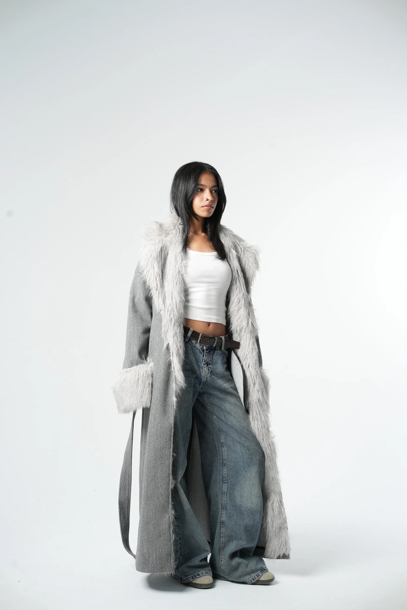 Grey Maxi Coat X fur — view 4