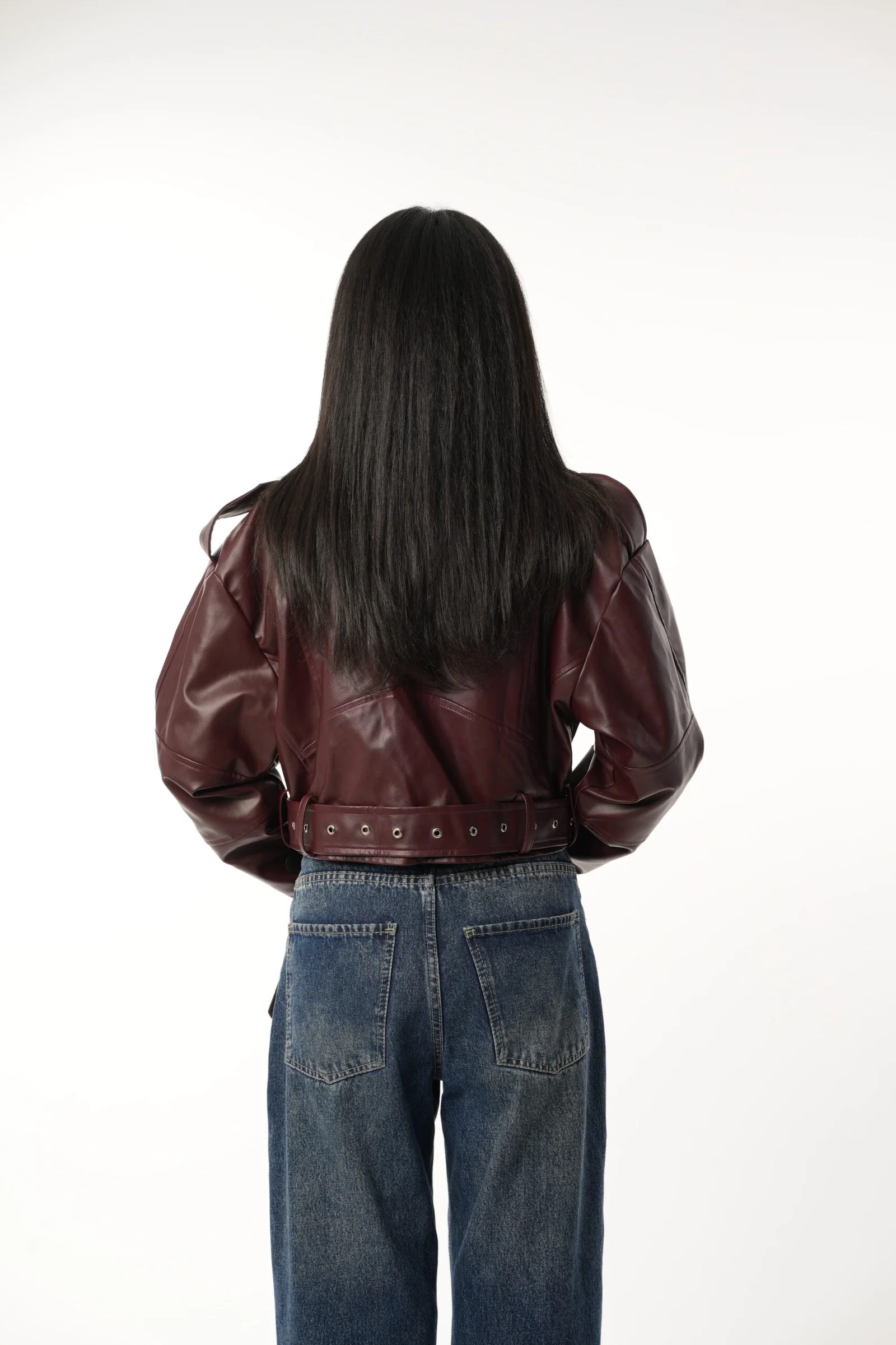 Burgundy Zipper Leather Jacket — view 4
