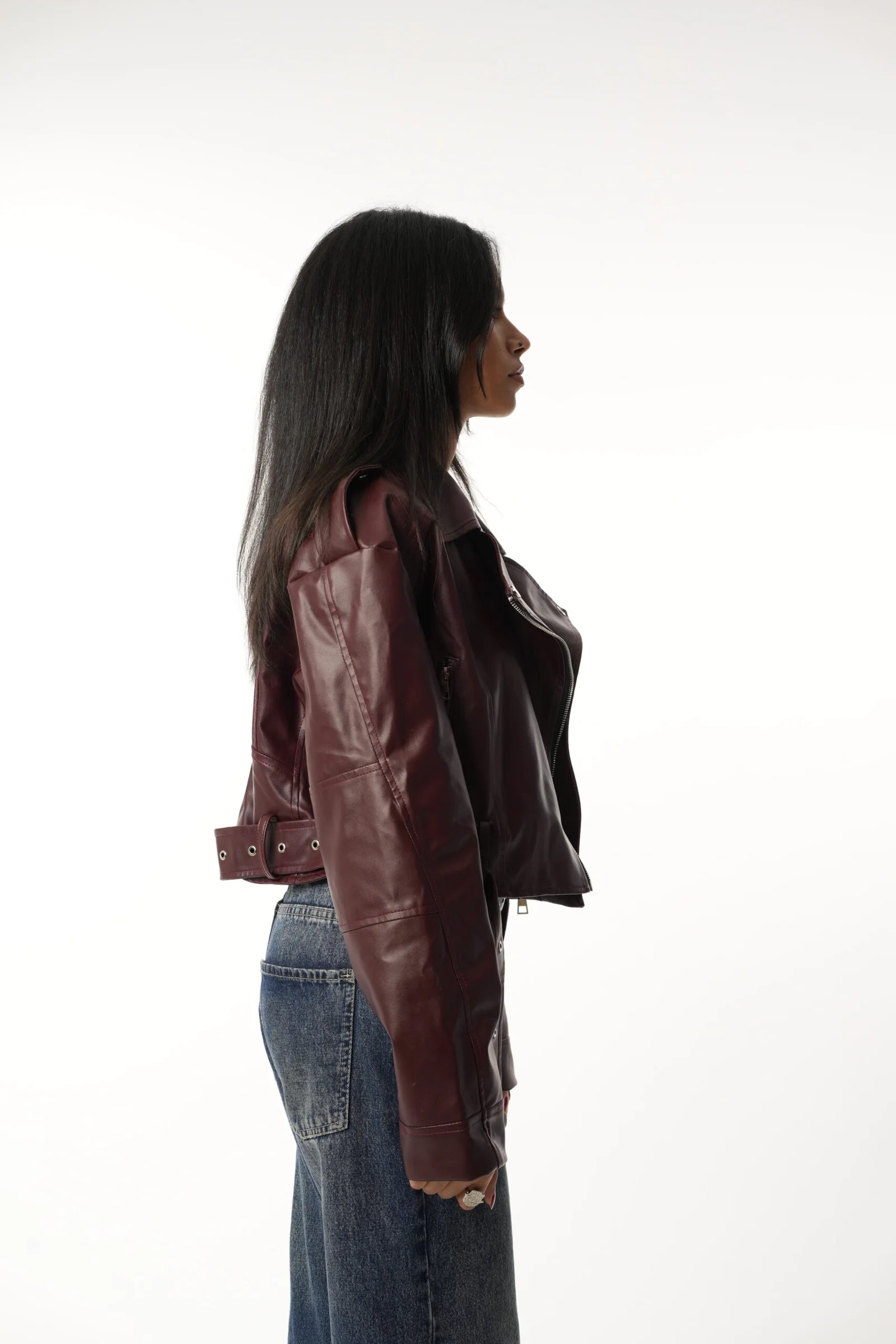 Burgundy Zipper Leather Jacket — view 5