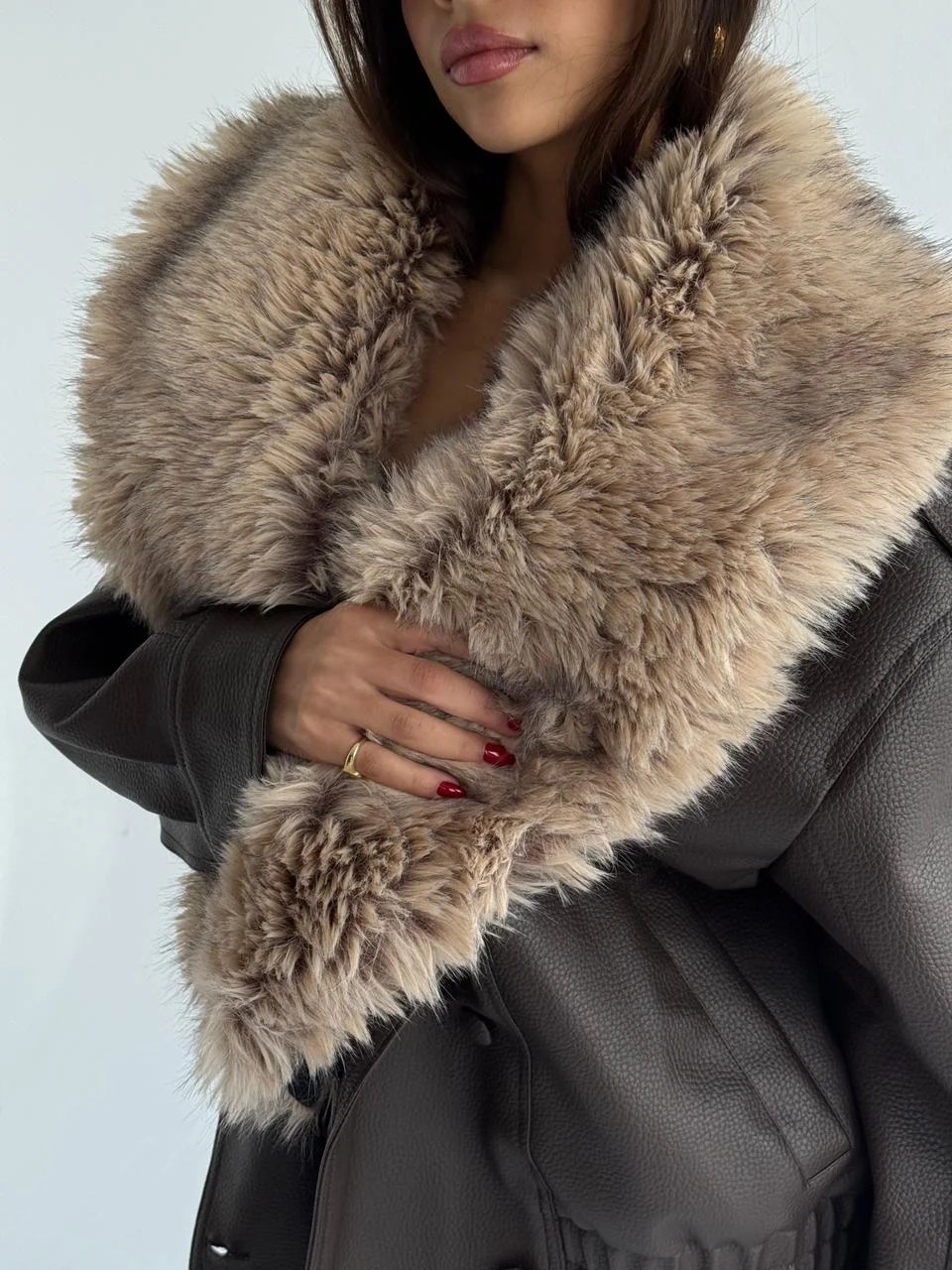Brown LEATHER AND FUR JACKET — view 3