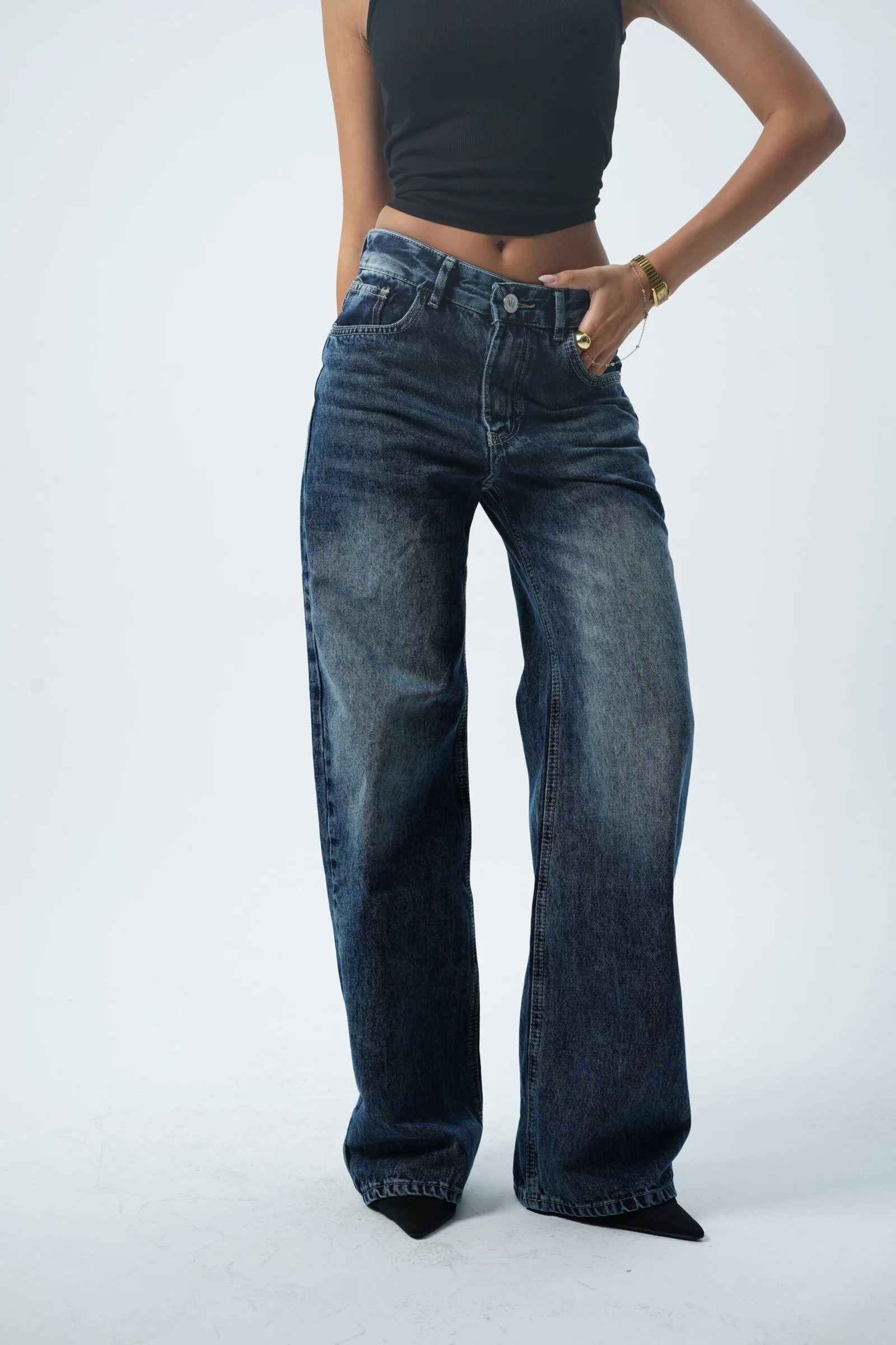 Dark Blue MID-RISE wide leg