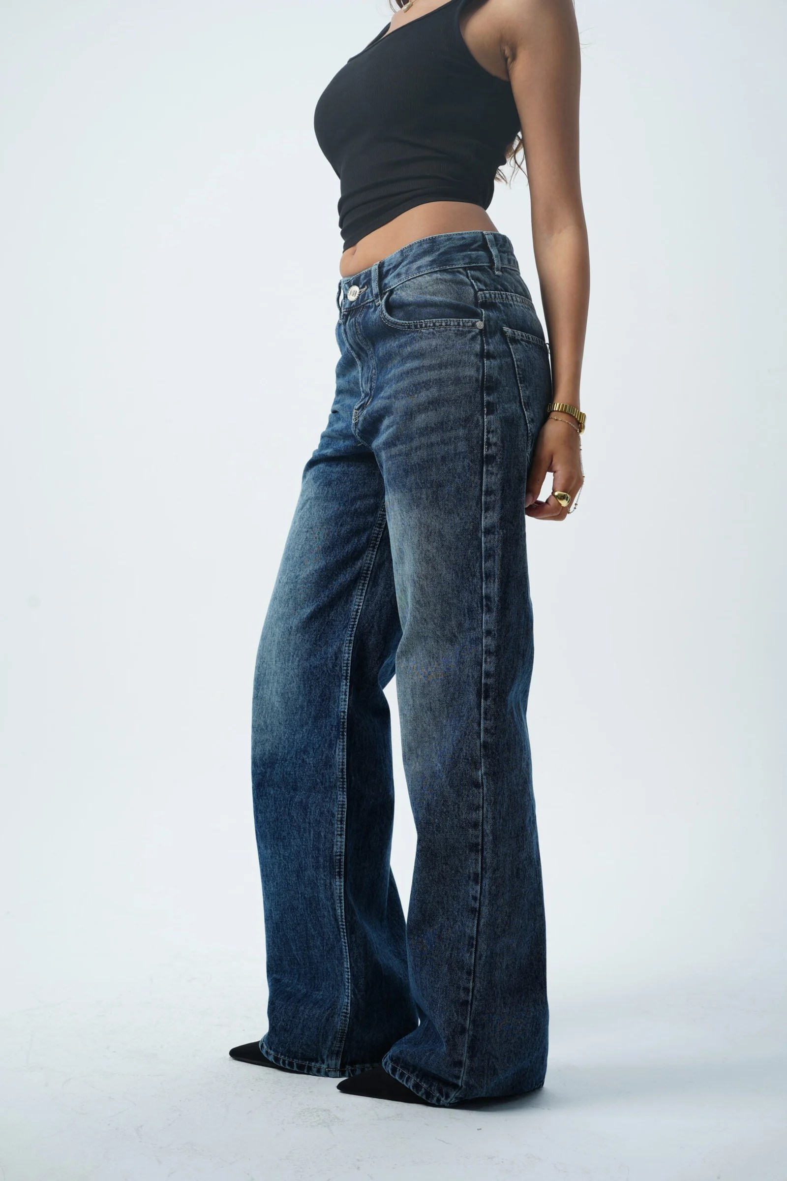 Dark Blue MID-RISE wide leg — view 3